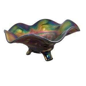 Antique Northwood Roses Electric Amethyst Carnival Glass‎ Ruffled Footed Bowl